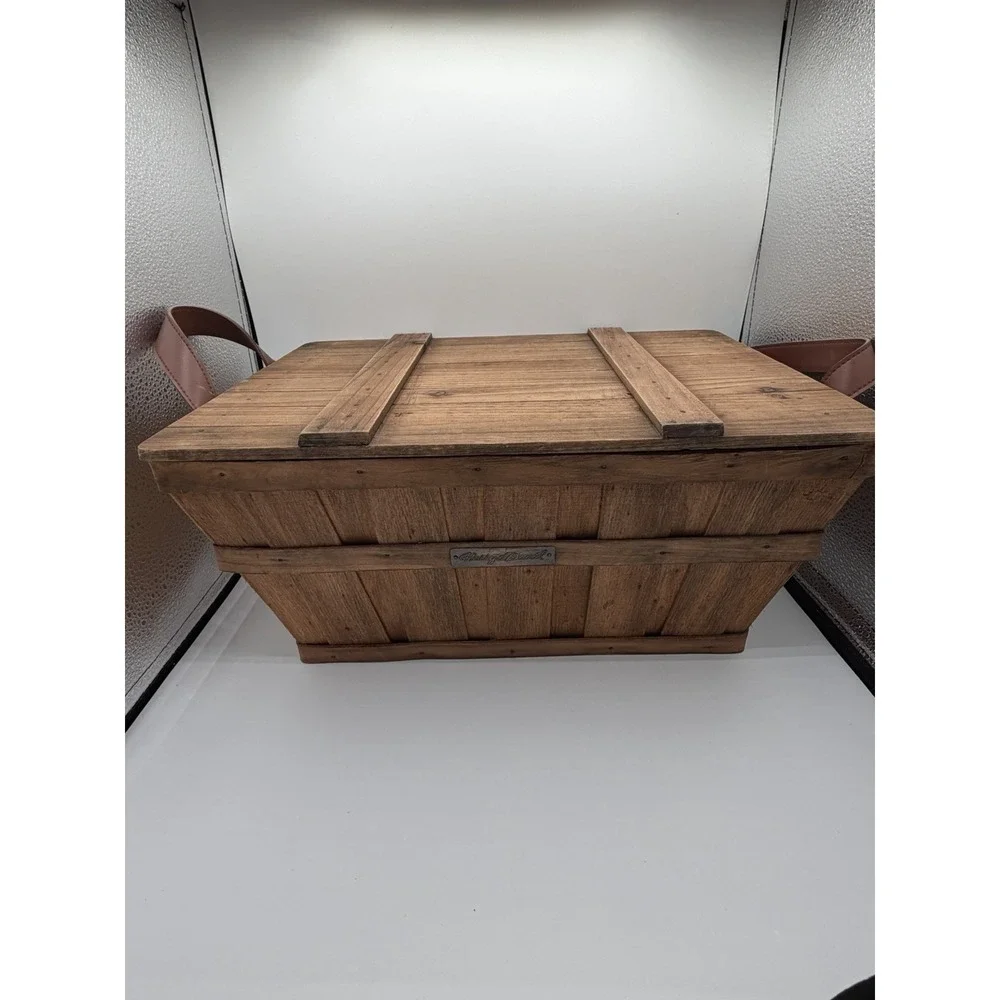 Harry & David Leather Handle Wooden Rectangle Basket Brown 15.5